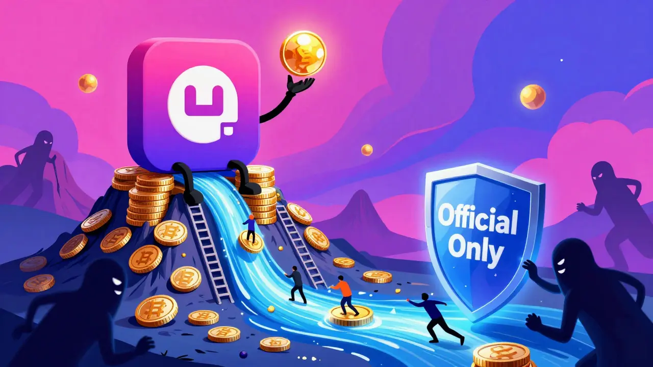 A giant Maiar app on a coin mountain with stakers climbing for rewards, scammer silhouettes pushed away.