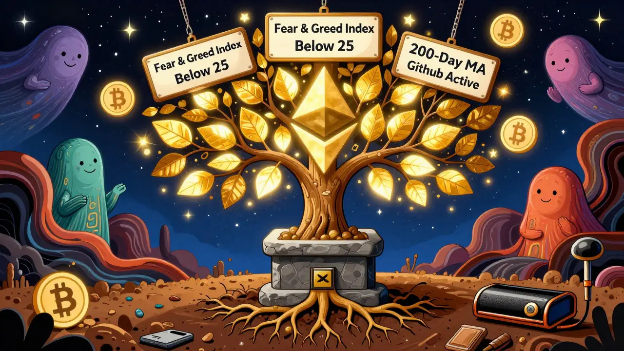 A glowing Ethereum blockchain tree growing from a hardware wallet, with signs of healthy market indicators floating above it.