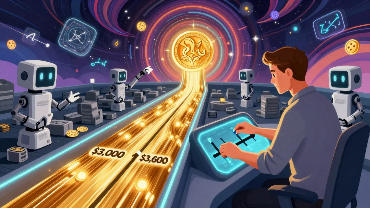 A liquidity provider adjusting a glowing price range slider with bots stealing profits in a vibrant, swirling DeFi landscape.