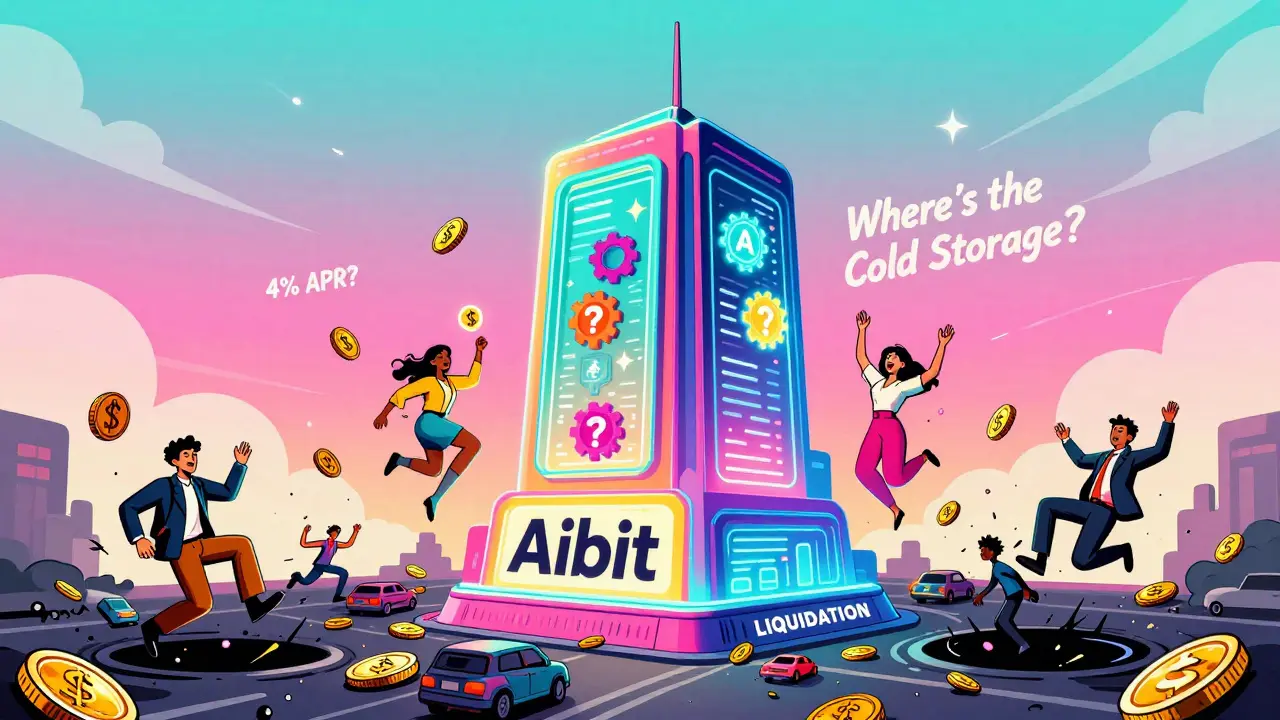 A neon crypto exchange building with users falling into a liquidation black hole, floating AI icons, and glowing question marks.