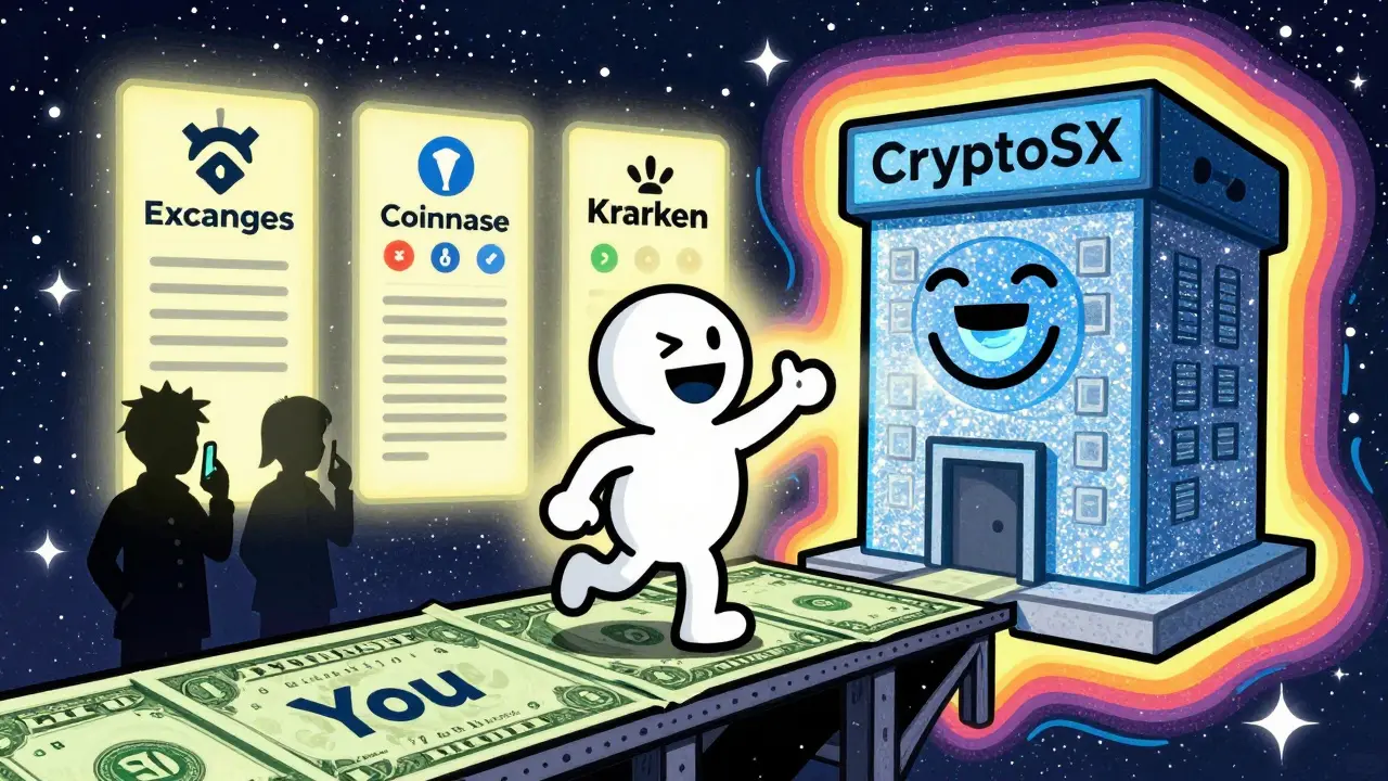 A person reaching toward a fake crypto exchange building while real exchanges glow safely in the background.