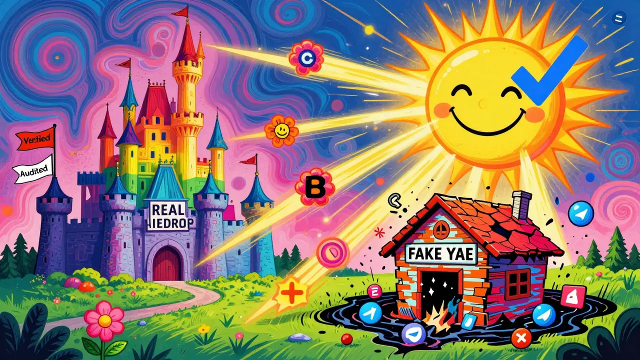 A rainbow castle of transparency under a checkmark sun, while a fake airdrop shack crumbles into a black hole of bots and links.