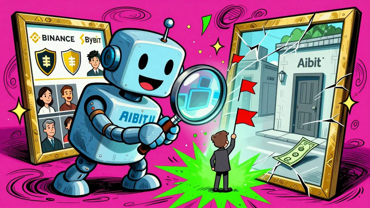 A smiling AI robot showing blank screens to a trader, while contrasting scenes of safe vs. risky exchanges appear in a fractured mirror.