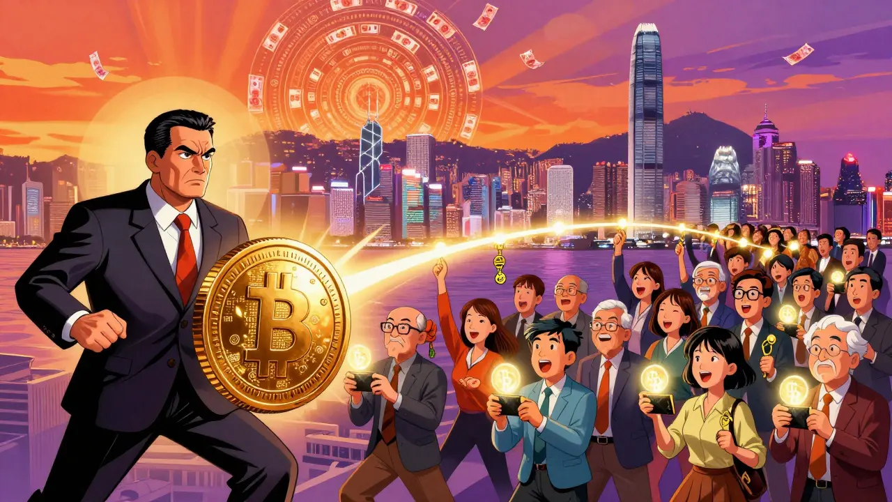 A symbolic struggle between state-controlled digital currency and citizens holding crypto wallets toward Hong Kong.