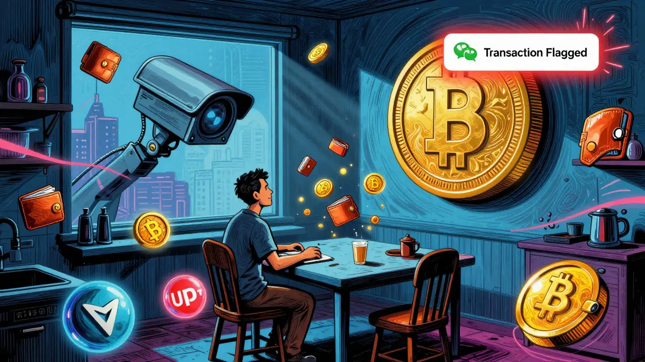 A trader at home surrounded by floating stablecoins and VPN icons, while a giant digital yuan looms overhead.