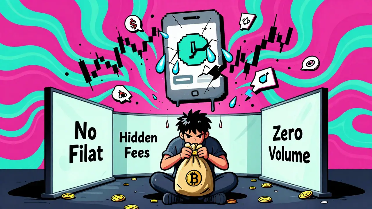 A user trapped by invisible barriers labeled 'No Fiat' and 'Hidden Fees', surrounded by collapsing trading charts.