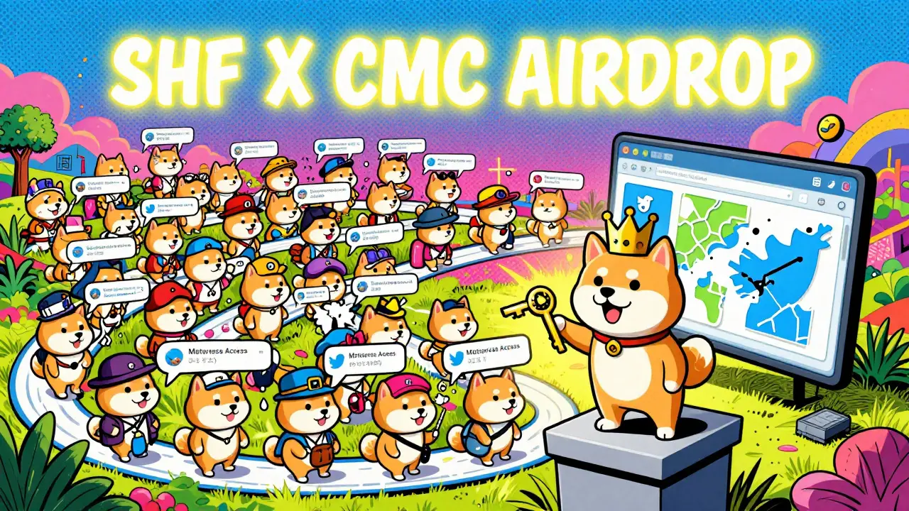 A vibrant Twitter timeline filled with Shiba Inus retweeting an airdrop tweet, with one crowned Shiba holding a key.