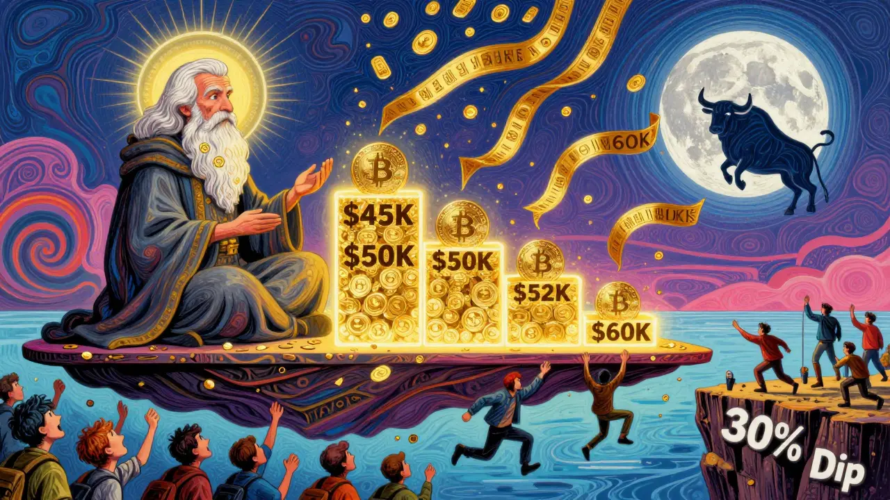 A wise elder selling Bitcoin in four tiers as golden profits rise, while panicked traders fall below, under a halving moon.