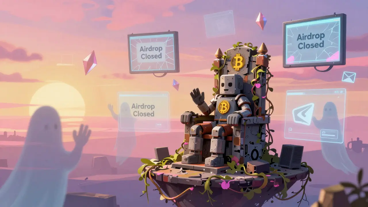 An abandoned game server floats in space, covered in fading neon vines and ghostly player silhouettes.