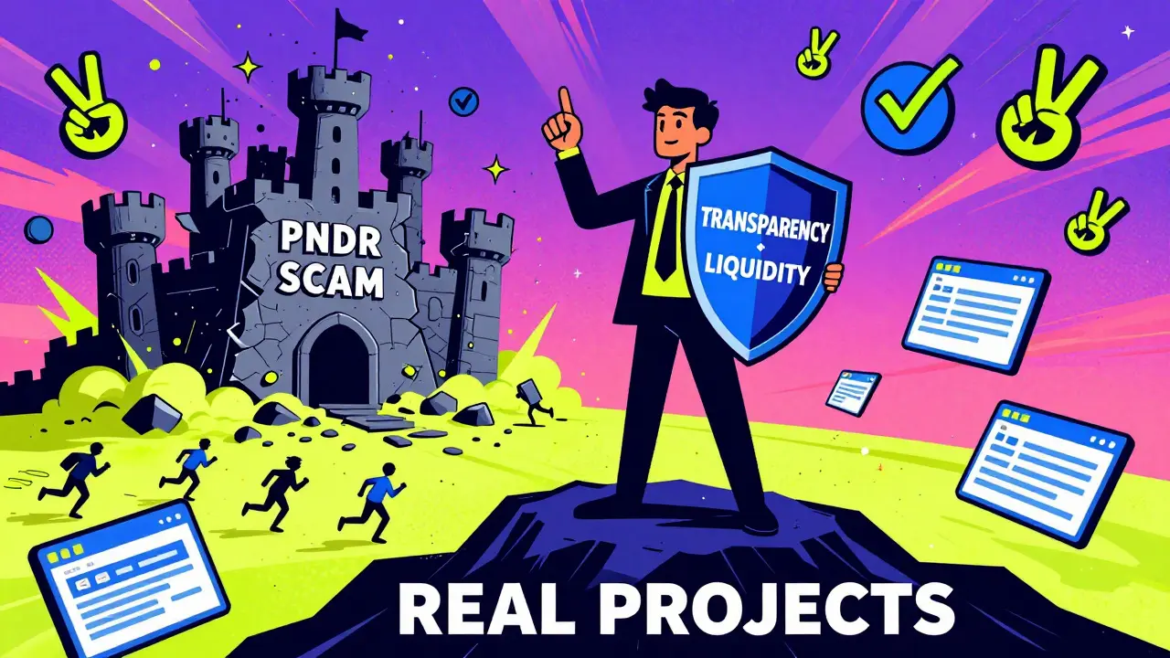 An investor standing tall on a mountain of real projects, while a scam castle crumbles behind them in vibrant psychedelic style.