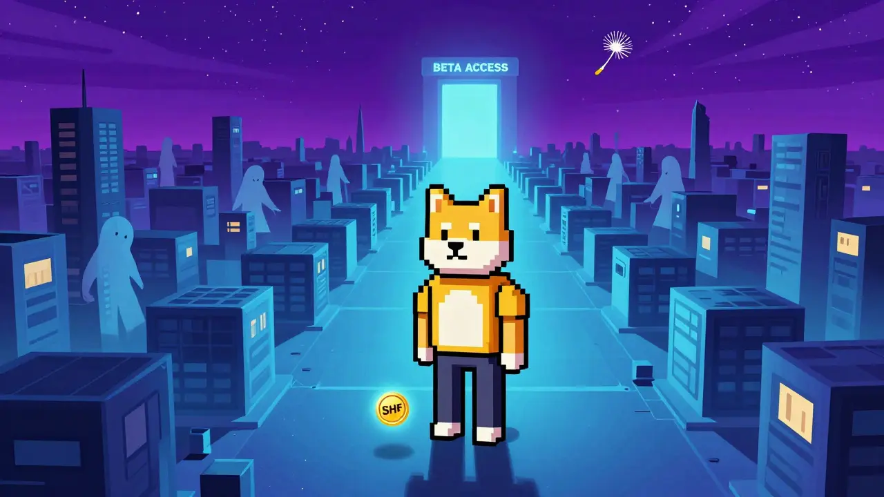 An isolated figure in an empty virtual city with a fading portal and a useless SHF token at their feet.