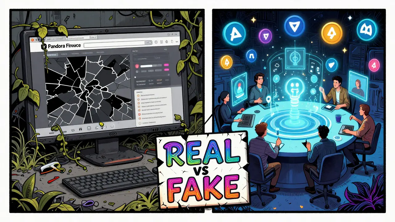 Contrasting scenes: a dead Pandora Finance website vs. a vibrant, active DAO hub with holographic voting symbols.