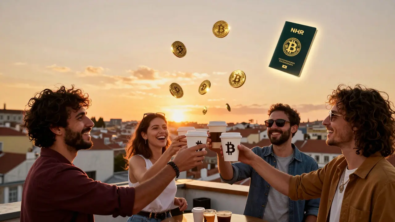 Digital nomads on a Lisbon rooftop celebrate with Bitcoin-shaped cups as golden staking coins and an NHR passport glow in the sunset sky.