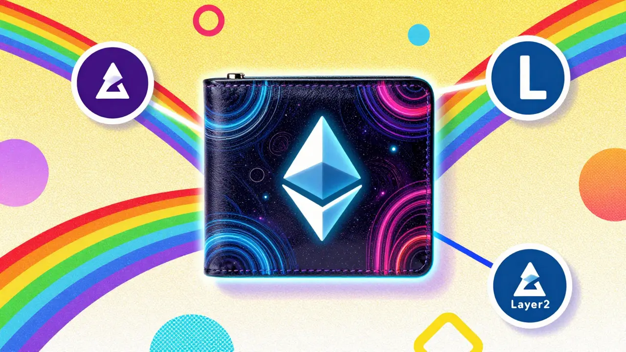 Glowing wallet connected to blockchain nodes and cross-chain networks