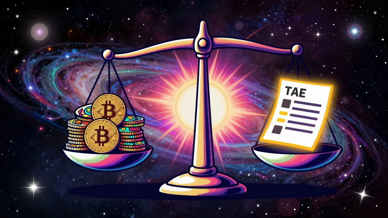 Scale balancing crypto coins and tax symbol in cosmic space with colorful swirls