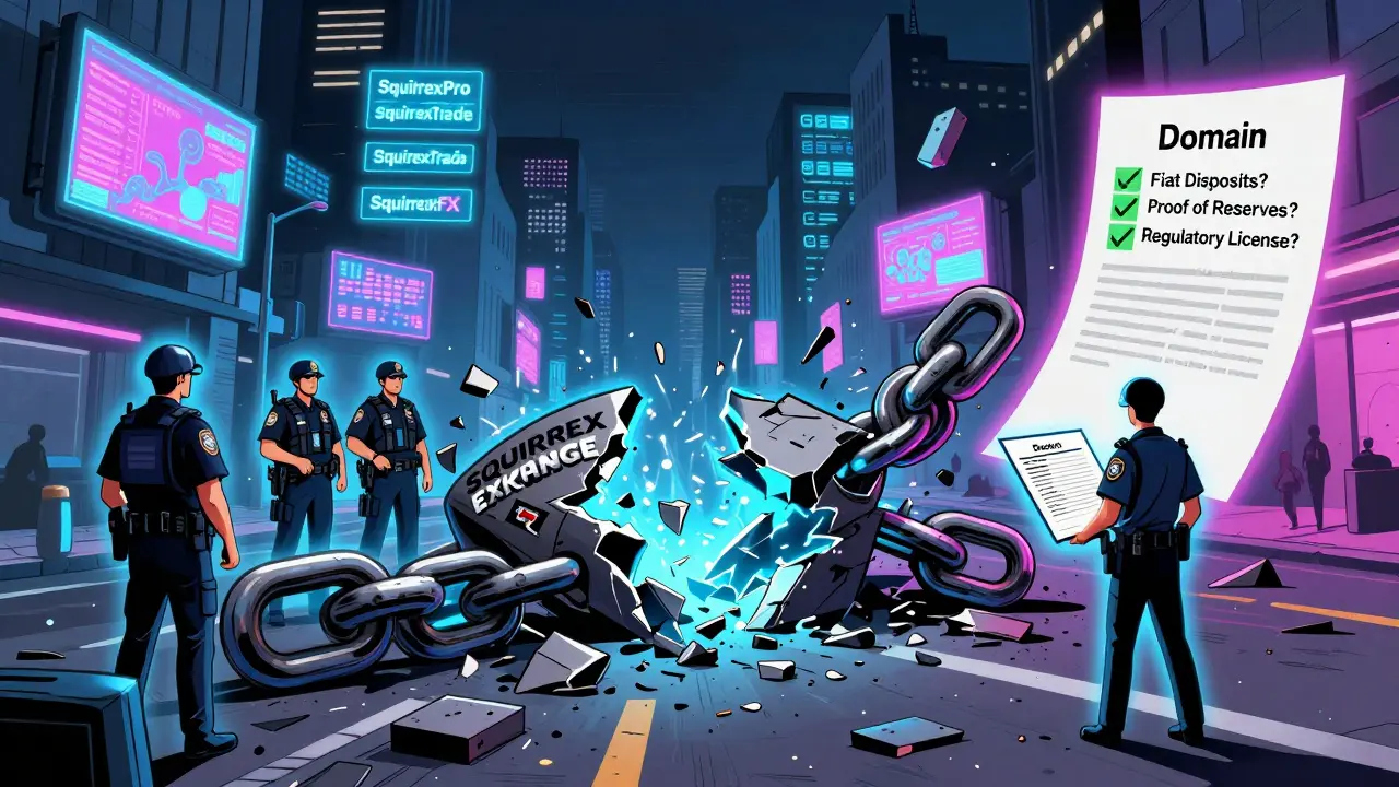 Shattered Squirrex Exchange chain with authorities and glowing clone websites in the background.