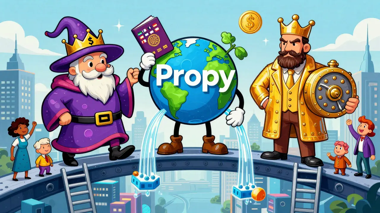 Three stylized platform characters—RealT, Propy, and Harbor—on a blockchain bridge, representing different investment paths for global users.
