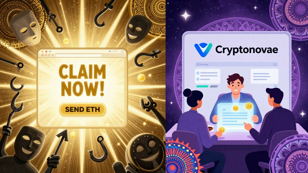 Two contrasting scenes: chaotic scam site on left, verified blockchain airdrop on right, framed by cosmic patterns and vibrant colors.