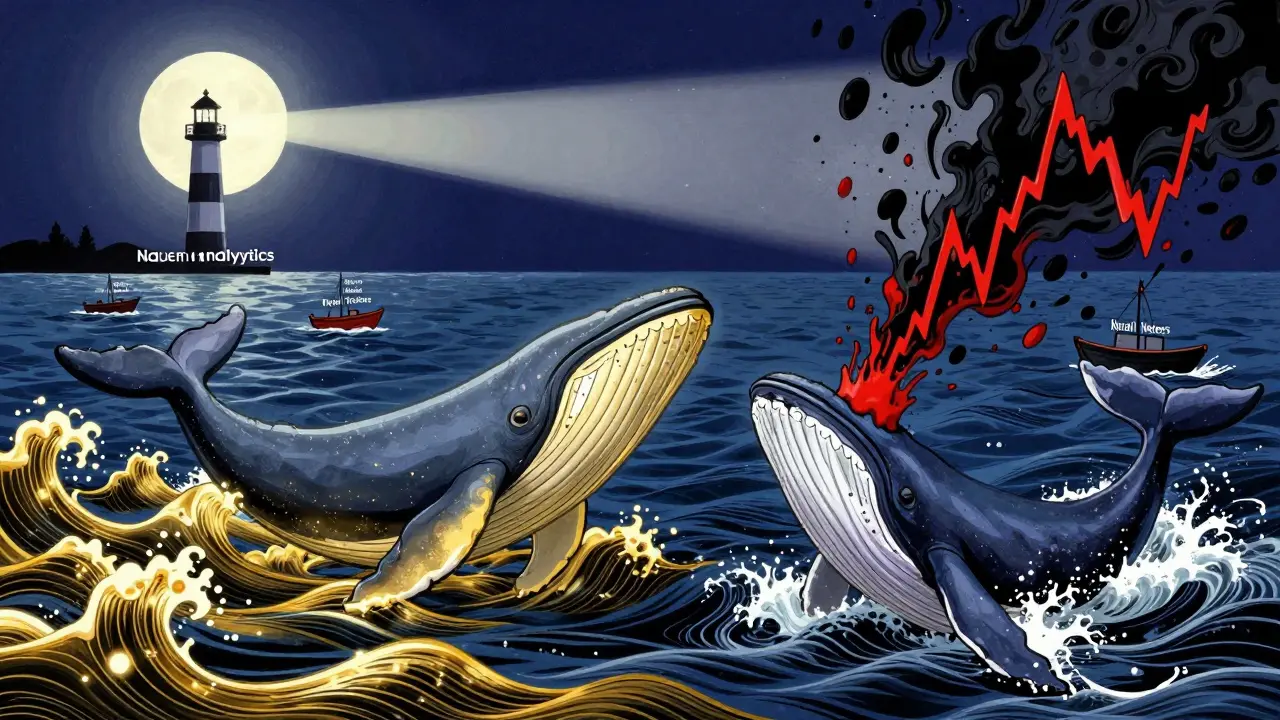 Two crypto whales glide in an ocean—one calm, one chaotic—while retail traders stay safe under an analytics lighthouse.