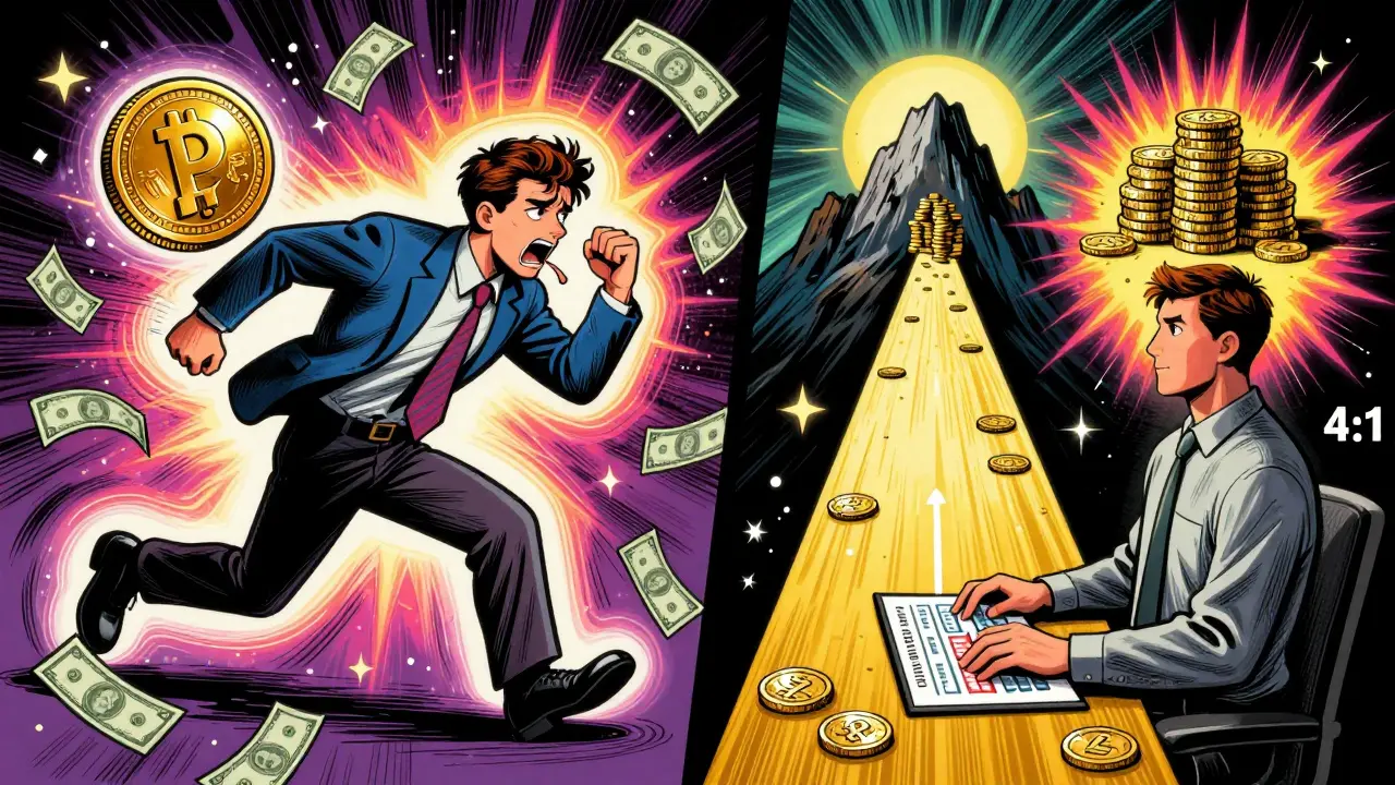 Two traders side by side: one panicked chasing a pump, one calm with a high-ratio trade path leading to a coin mountain.