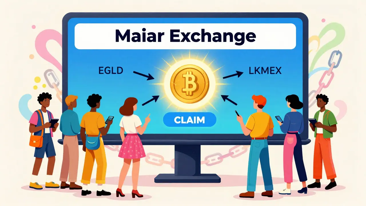 Users interacting with a Maiar Exchange billboard, one claiming rewards while others look on, in vibrant psychedelic style.