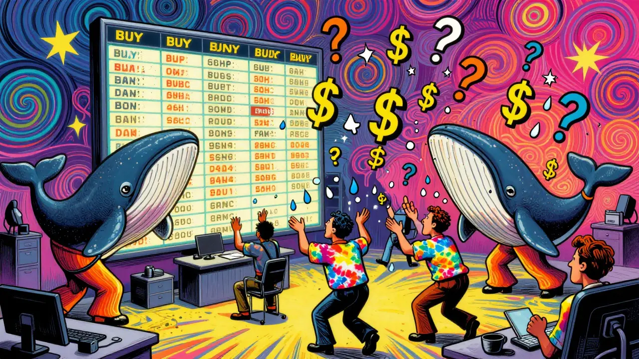 Whale wallets manipulate a glowing order book, creating chaos among tiny traders with fake buy walls.