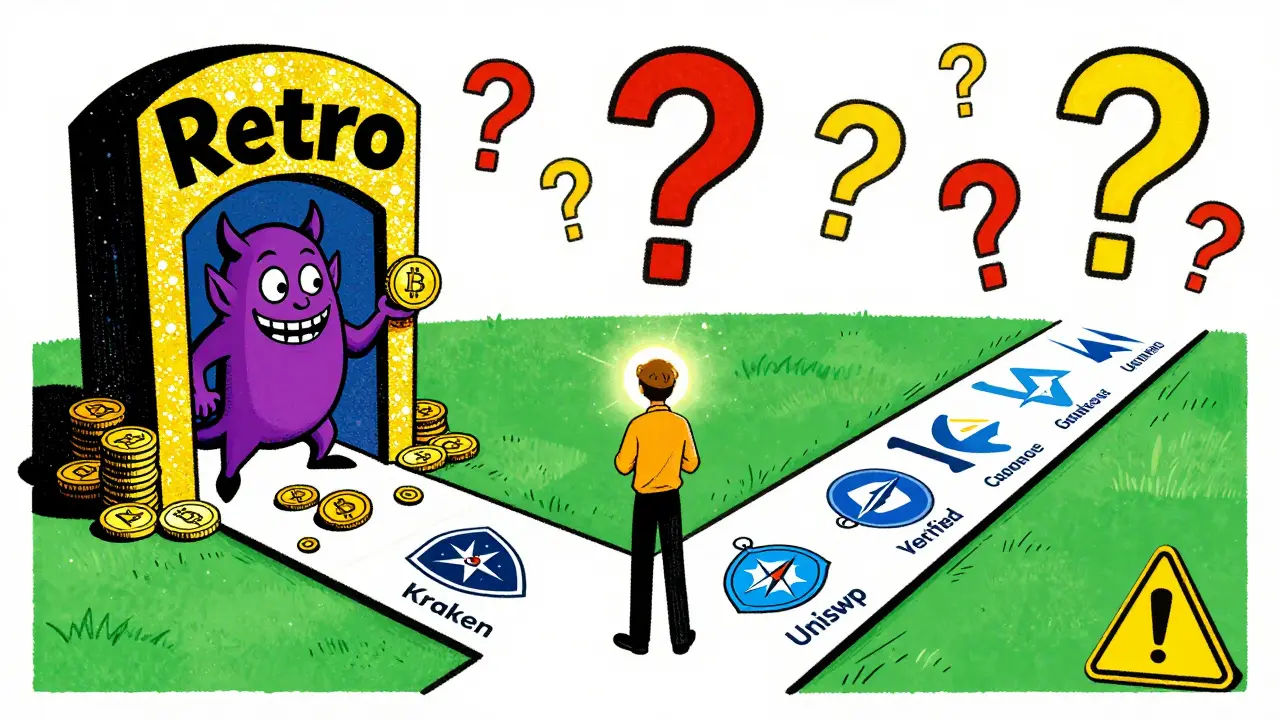 A crypto trader at a crossroads—fake portal with demons on one path, verified exchanges on the other, guided by a glowing compass.