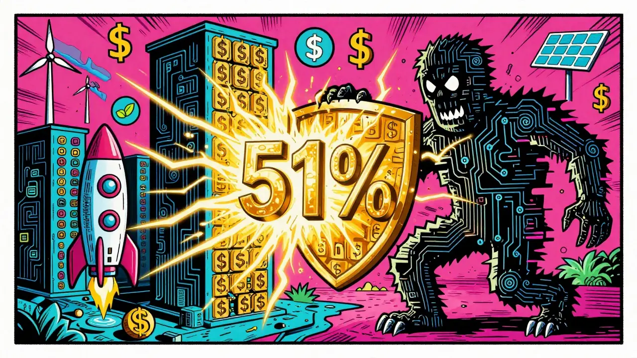 A dark attack monster repelled by golden SHA-256 hashes, defended by neon mining rigs and renewable energy icons.