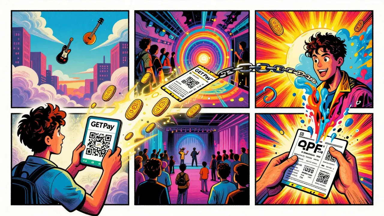 A fan scanning a QR code that triggers magical tokens, a ticket portal, and a voting mural.