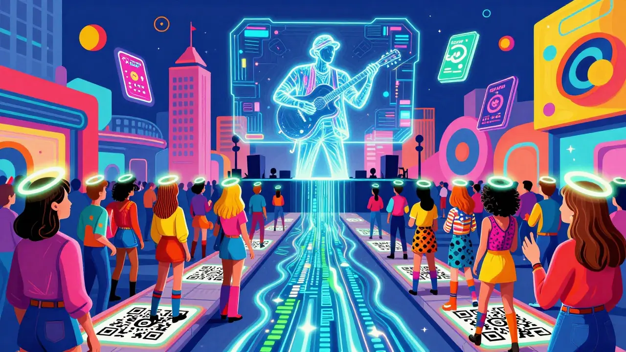A futuristic metaverse city with fans attending a hologram concert under glowing blockchain light.