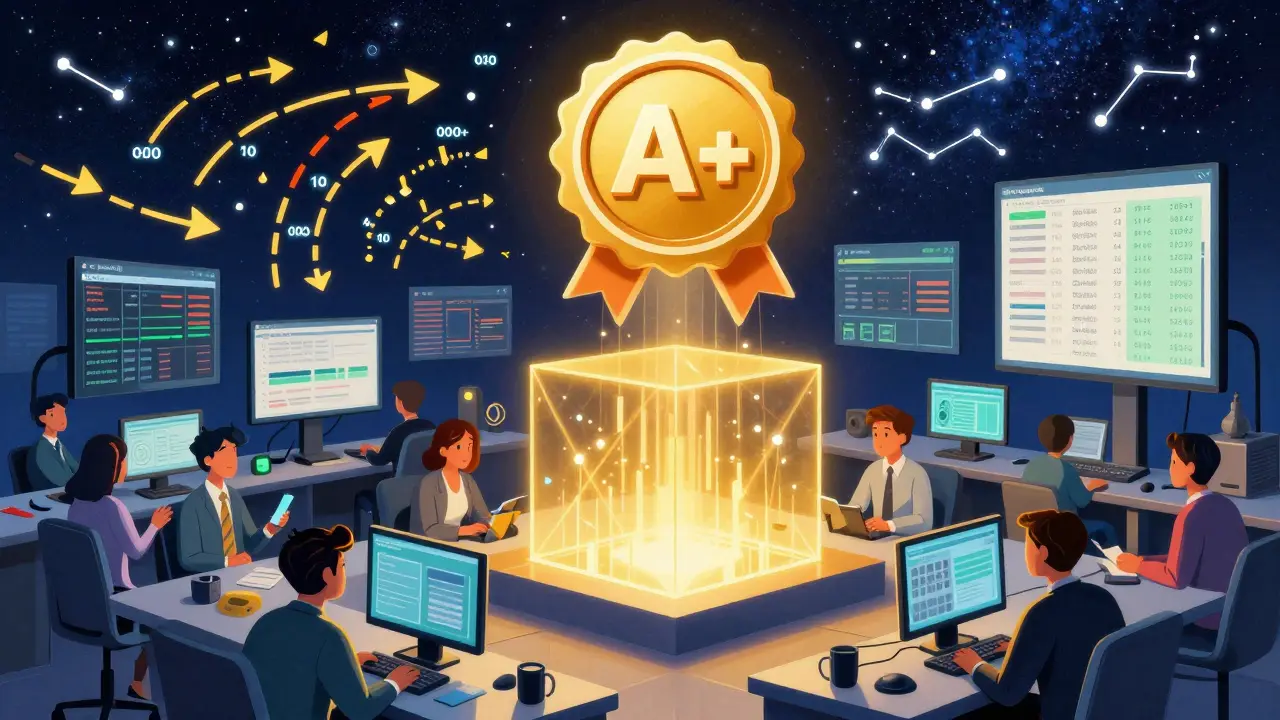 A glowing A+ certification above a chaotic trading floor with perfect order execution, surrounded by data streams and cosmic Nomics logos.