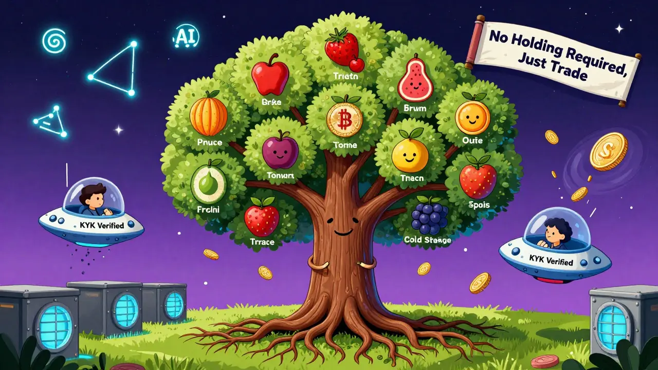 A glowing blockchain tree with 51 branches bearing crypto fruits, while a user flies past dropping coins into a trading vortex.