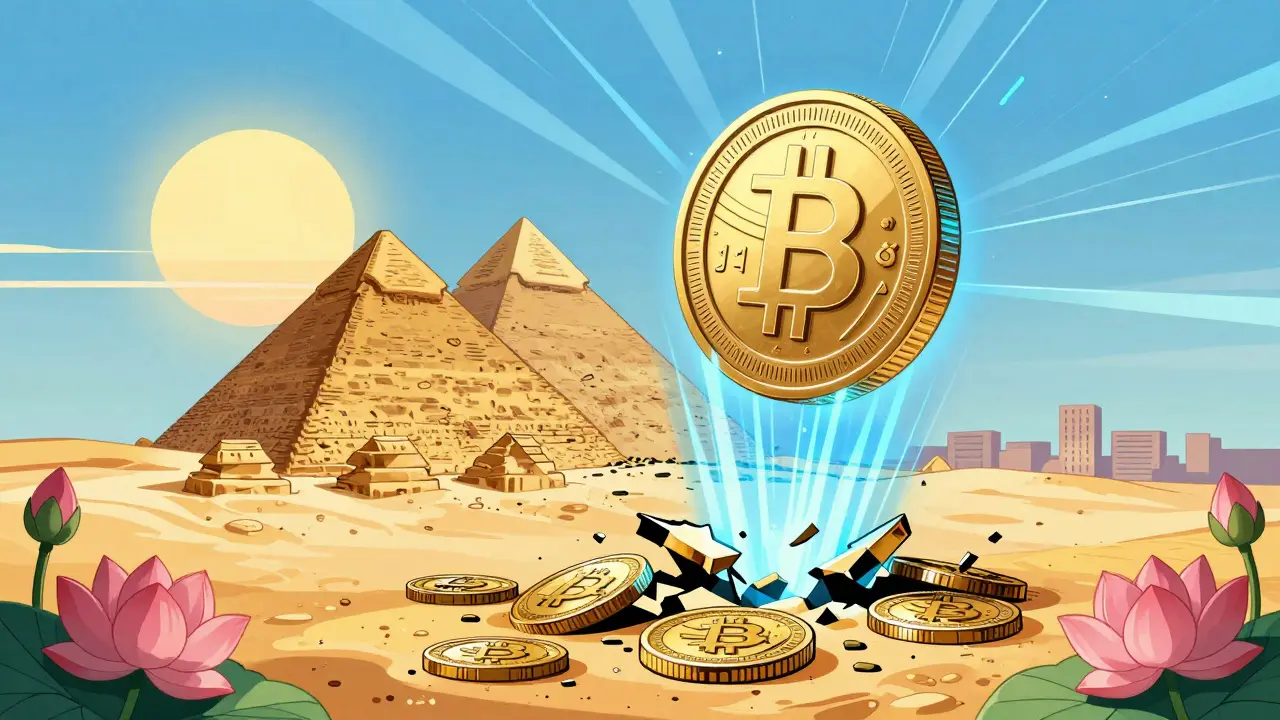 A glowing digital Egyptian pound CBDC radiating control over a pyramid, while broken Bitcoin coins lie shattered below.