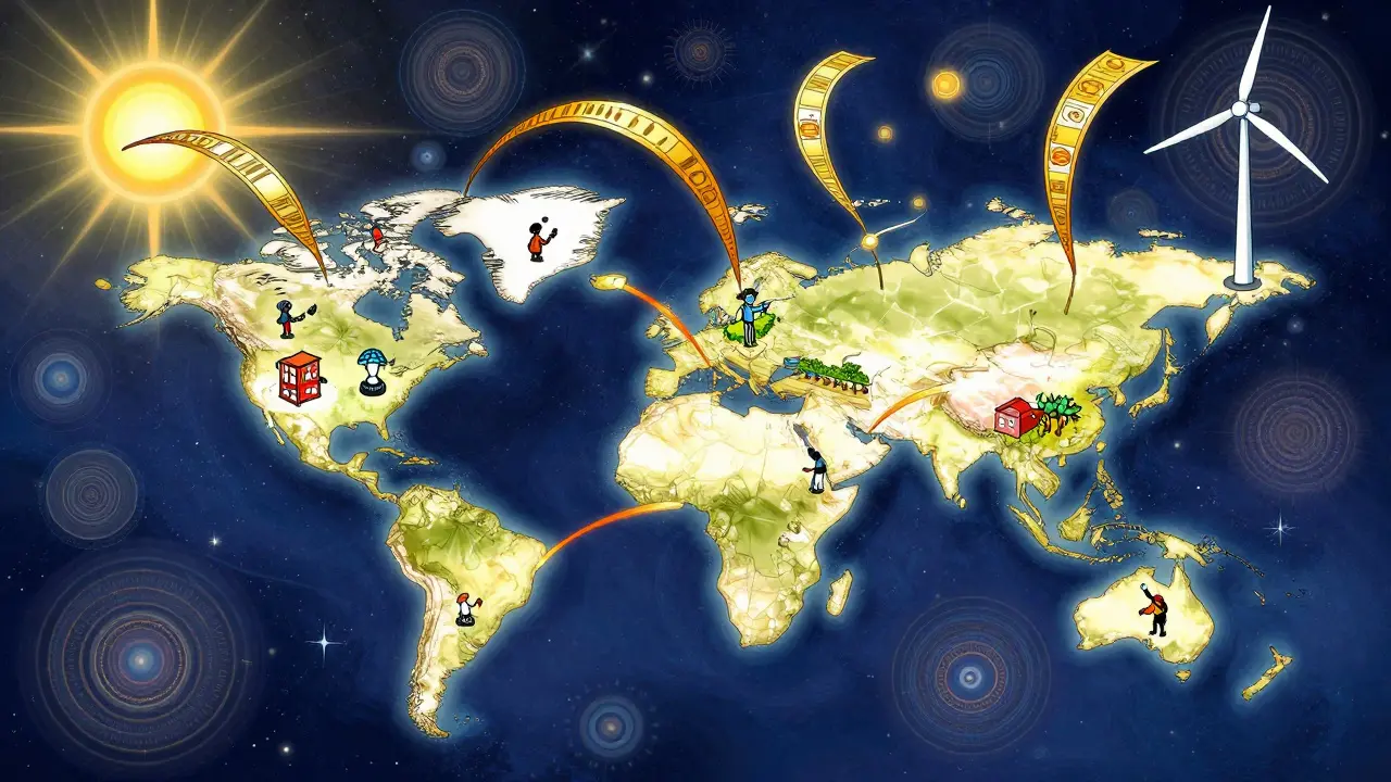 A glowing global map with people buying tokenized assets like hotels and wind turbines, connected by colorful data ribbons and sunbursts.