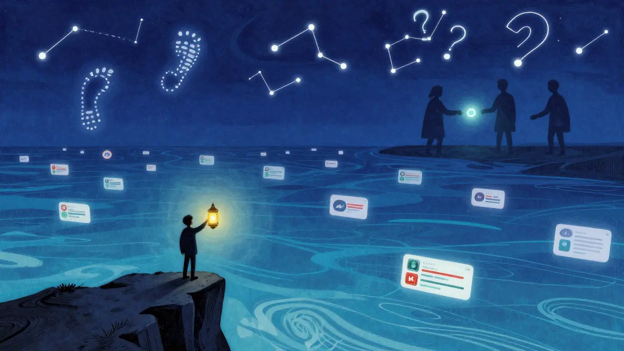 A lone figure holds a RUN token lantern, gazing over an ocean of trading charts and chat bubbles under a starry sky.