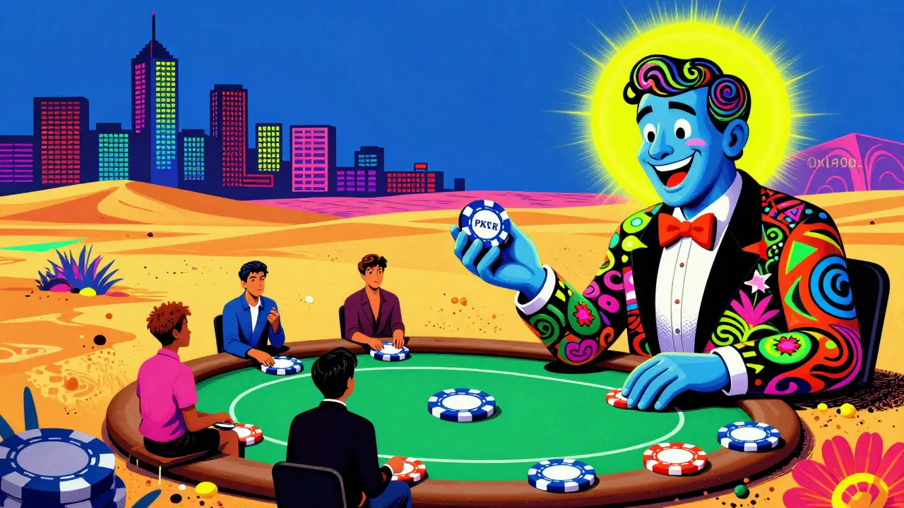 A paint-like poker dealer handing out tokens to players on floating chips in a surreal desert.