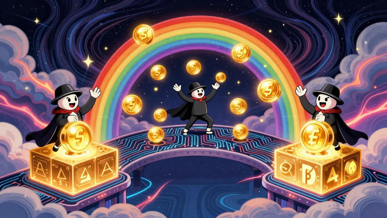 A rainbow bridge links blockchains as stylized validators stake tokens in a cosmic 1960s-inspired scene.