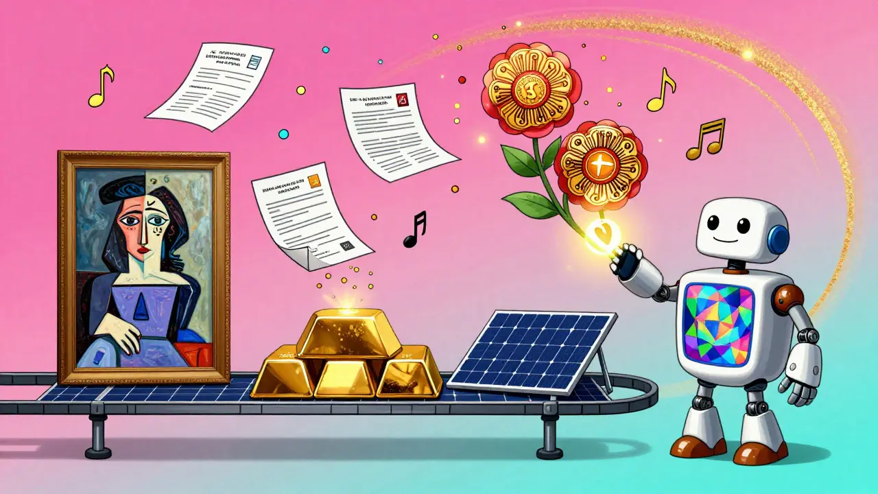 A robot transforming art, gold, and solar panels into glowing tokens amid flowing legal confetti and smart contract flowers.