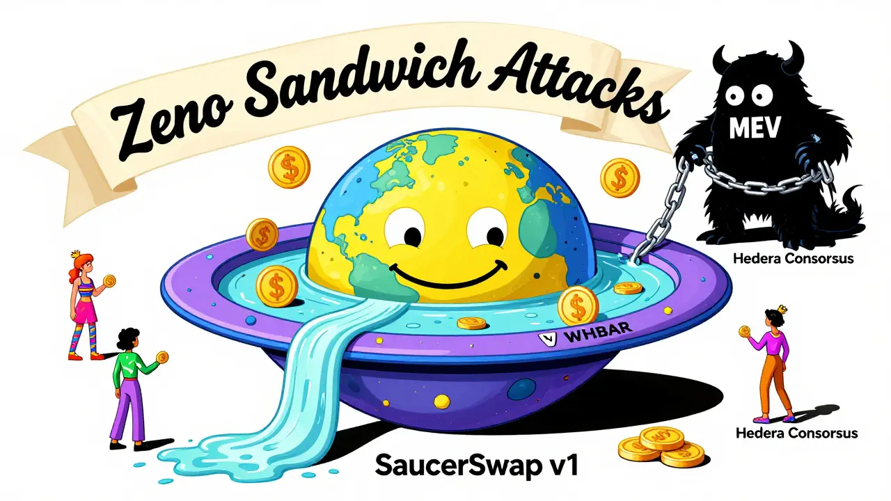 A saucer-shaped liquidity planet with flowing tokens and a chained MEV monster, symbolizing zero attacks.