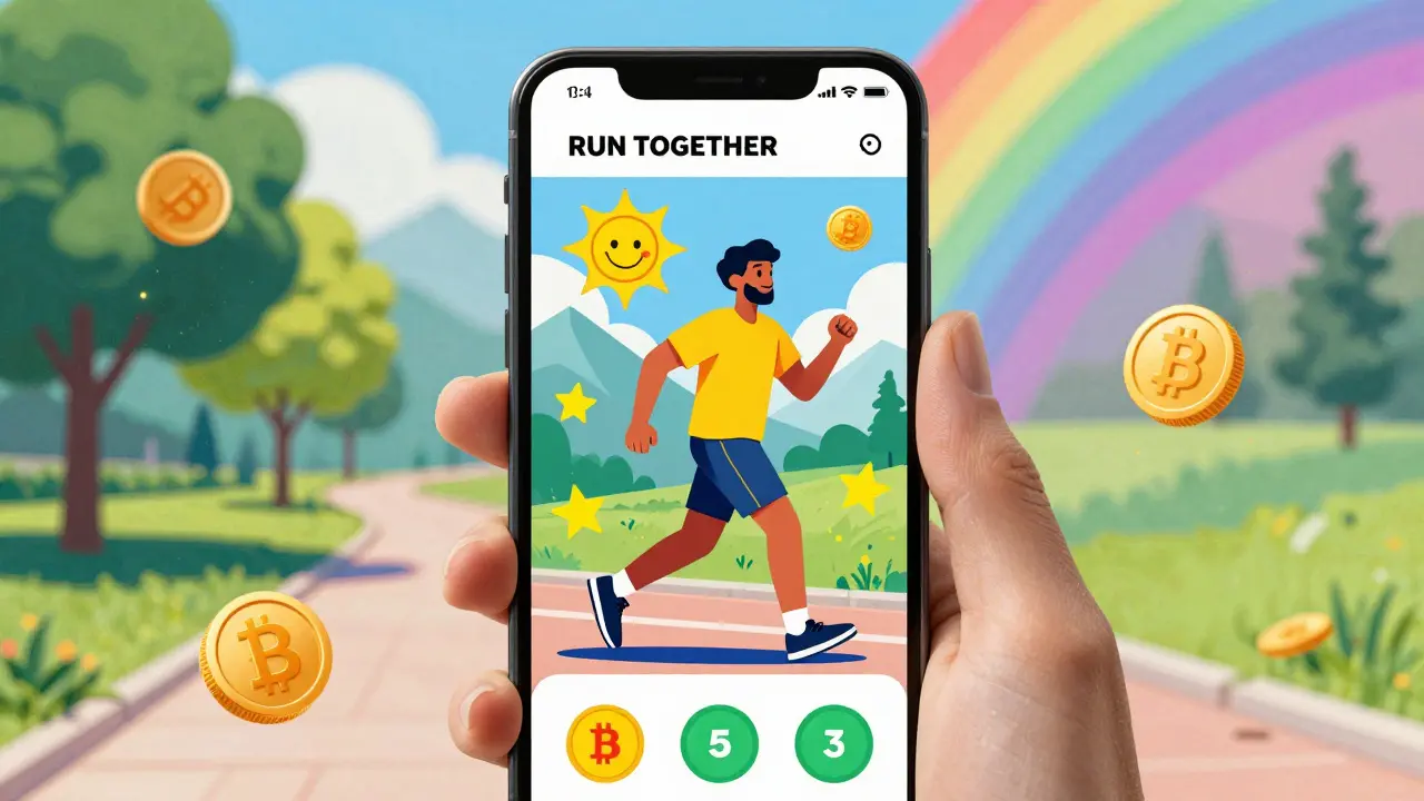 A smartphone shows the RUN app with floating token icons as a dreamy landscape blends into rainbow patterns.