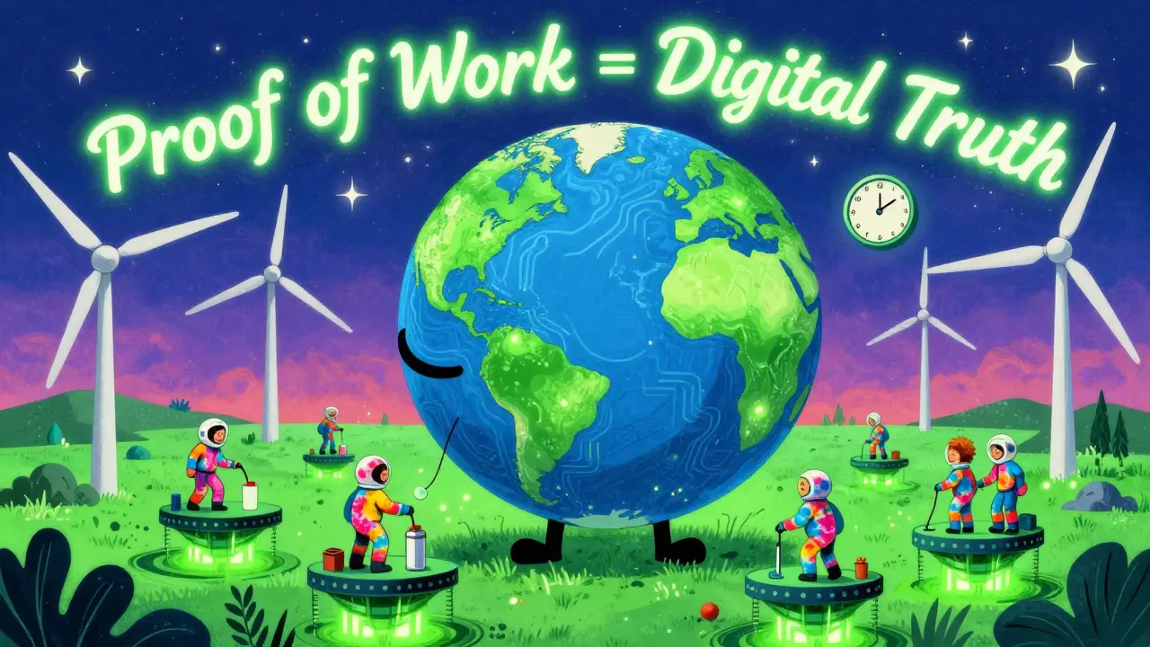 A smiling Earth with circuit veins powered by wind and hydro, miners in tie-dye spacesuits working on floating platforms.