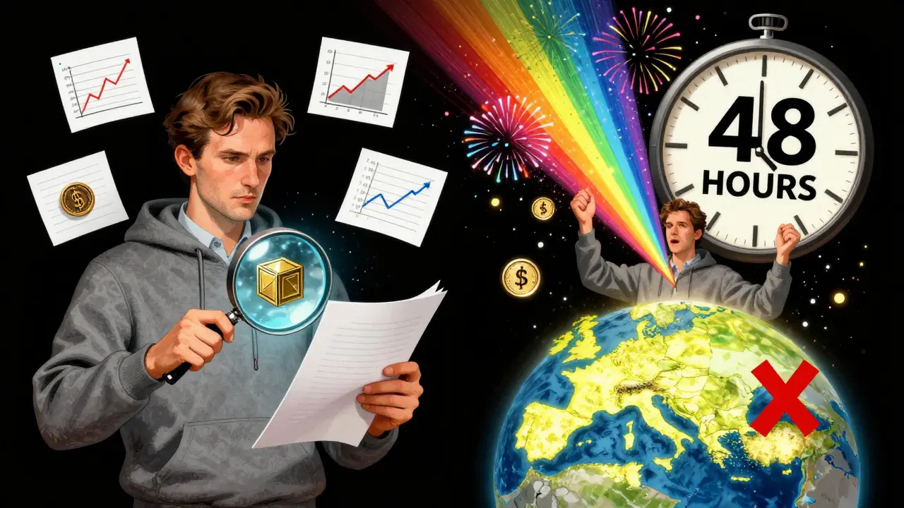 A split scene showing a trader researching a whitepaper on one side and celebrating a coin's explosion on the other.