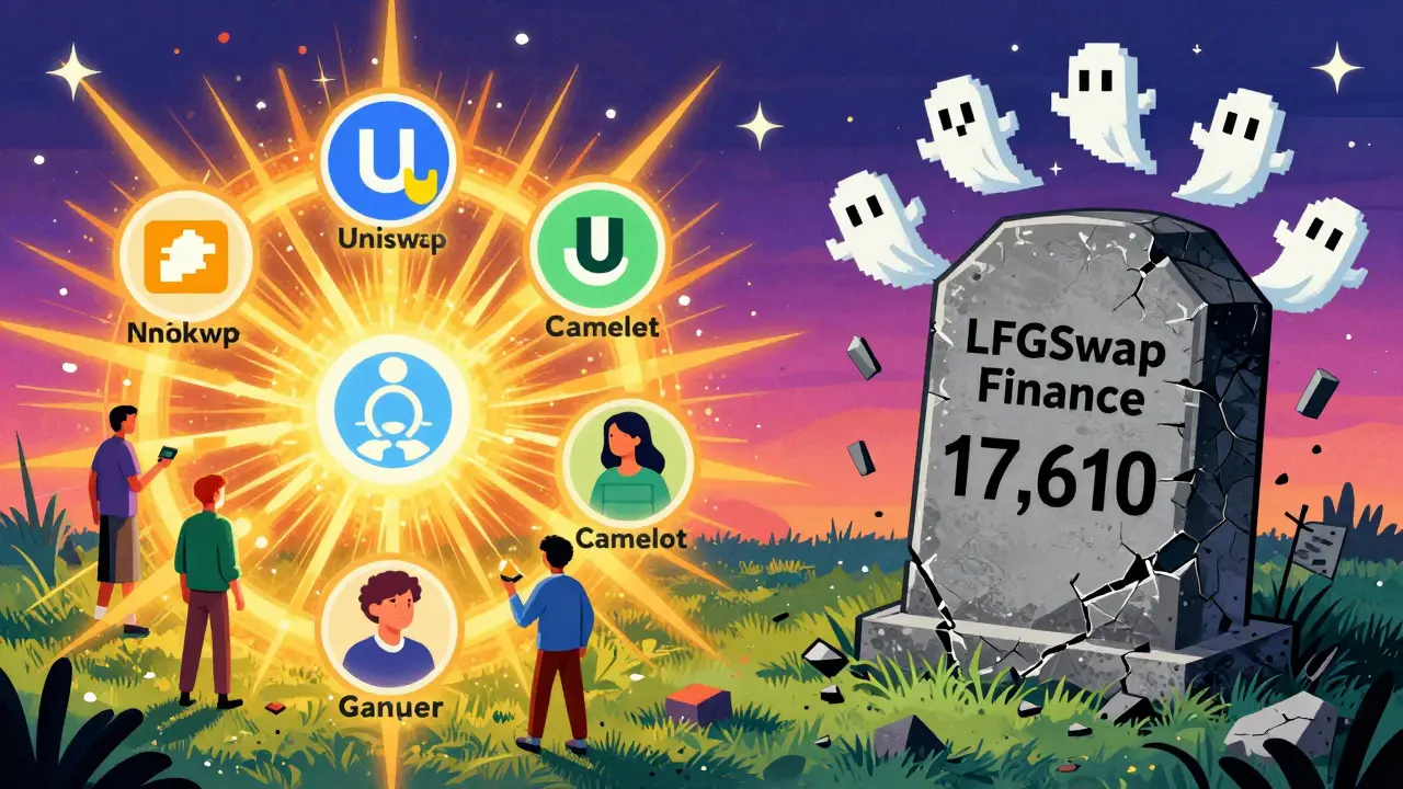A thriving DeFi ecosystem contrasts with a crumbling tombstone for LFGSwap, surrounded by lifeless pixel ghosts.