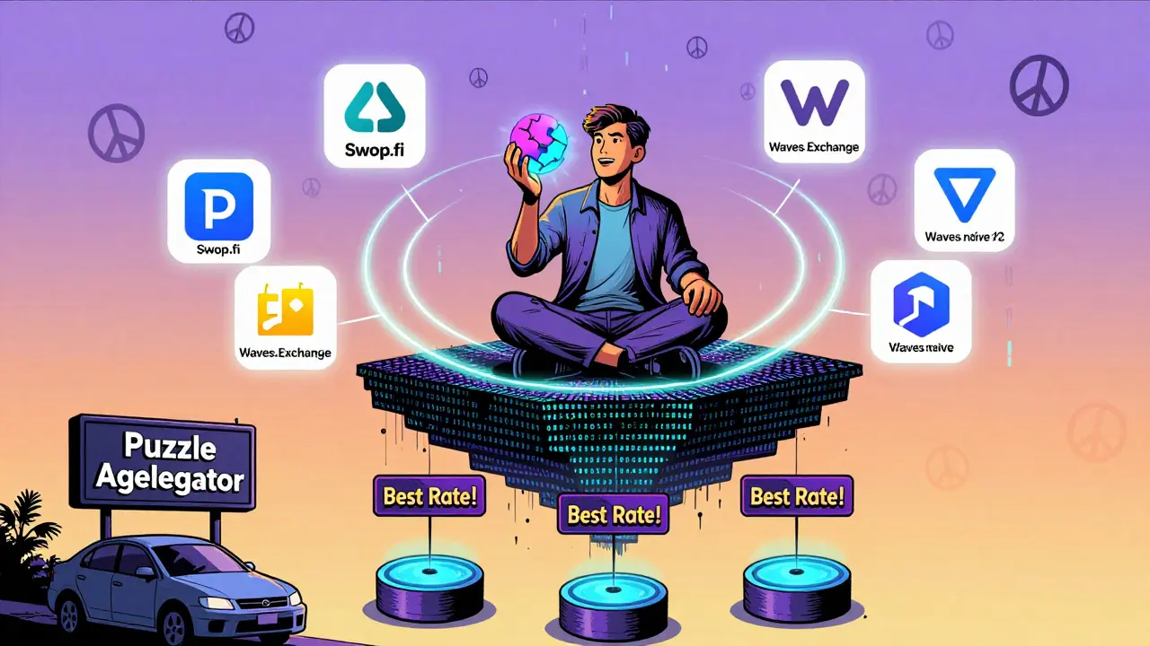 A trader using a glowing PUZZLE token to connect multiple liquidity pools in a surreal, colorful blockchain landscape.