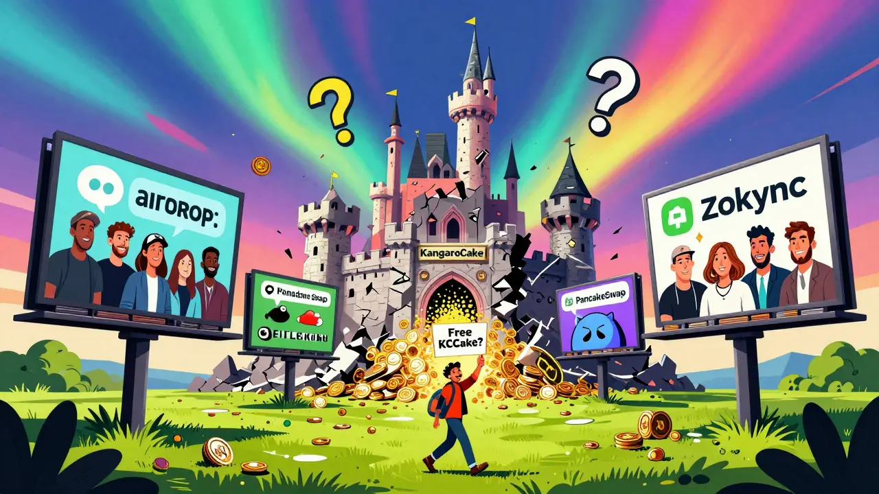 A traveler approaches crumbling 'KangarooCake' castle while real airdrop billboards glow in the distance.