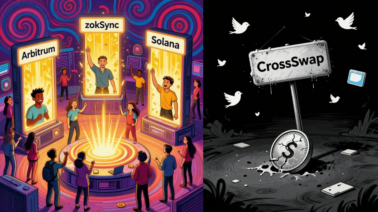 A vibrant DeFi hub contrasts with a dark void where a single CSWAP token lies abandoned, in psychedelic cartoon style.