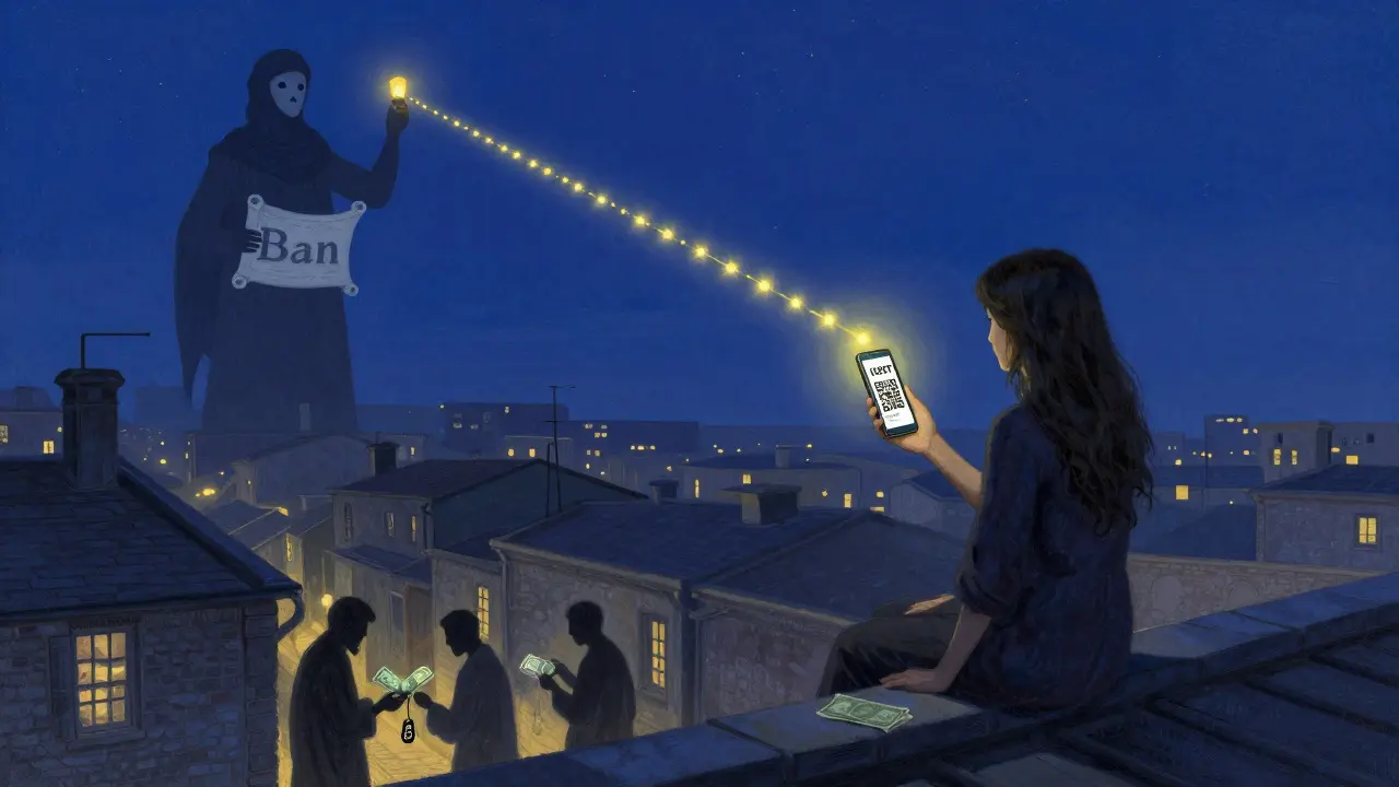 A woman sends a crypto signal into the sky as shadowy traders meet below, under the watch of a looming authority.