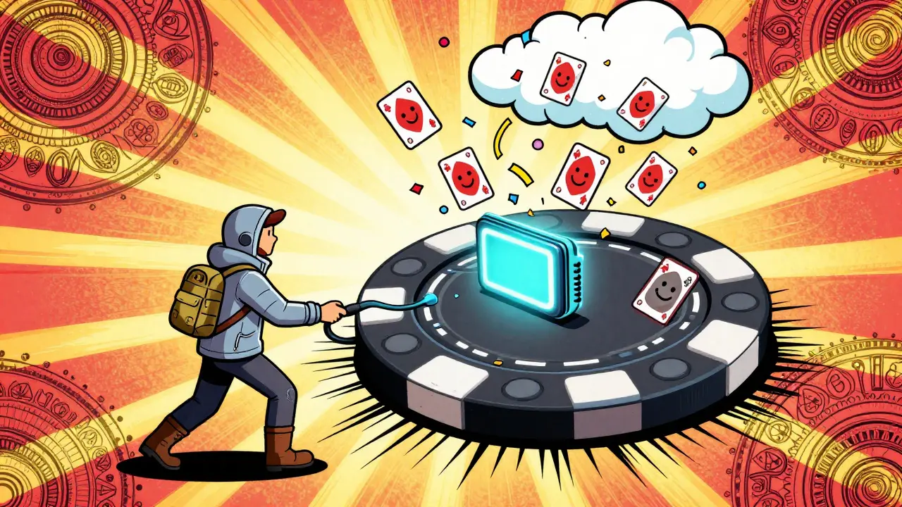 An adventurer connecting a wallet to a blockchain poker chip surrounded by digital NFT cards.