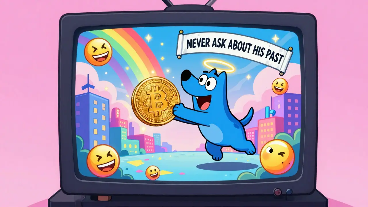 An animated TV screen showing Carlo flipping a coin into a rainbow, surrounded by memes in a surreal pop-art city.