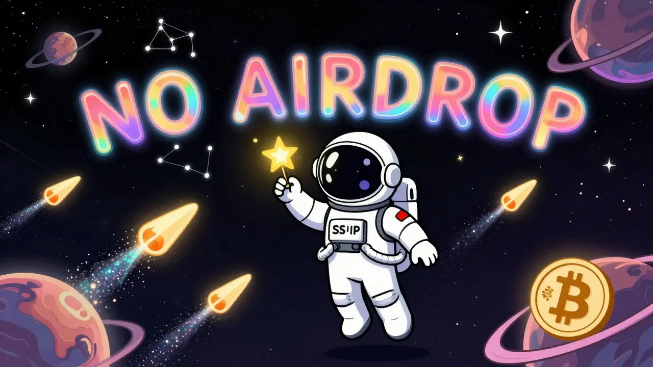 An astronaut holds a dying CSWAP token as other cryptocurrencies streak past in a cosmic swirl of color and light.